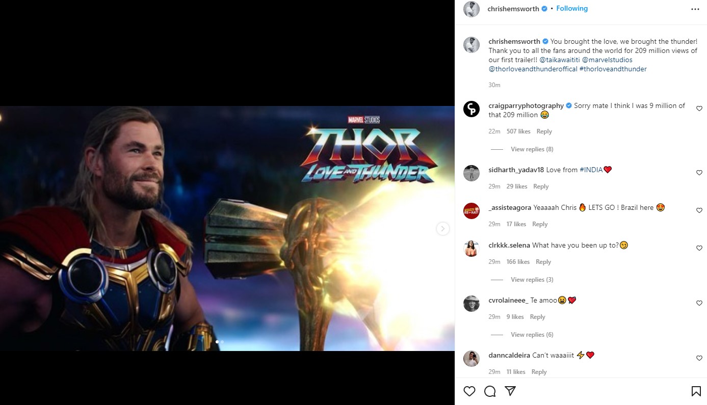 Chris Hemsworth Thor Love and Thunder trailer 209 million views