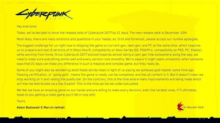 Cyberpunk 2077 Delayed