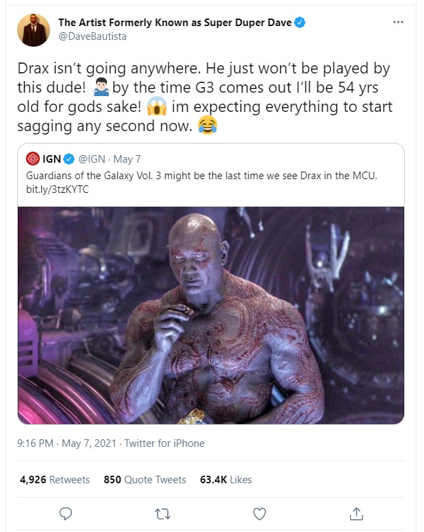 Dave Bautista Drax tweet Marvel