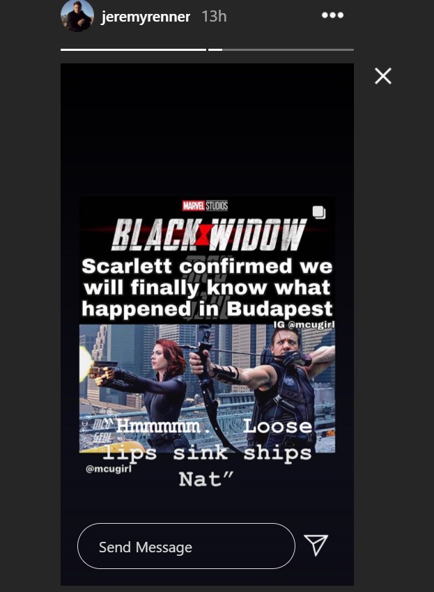 Jeremy Renner Hawkeye Black Widow Instagram story