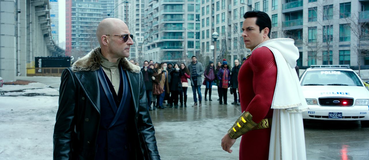 Zachary Levi Shazam confronts Mark Strong Selvig