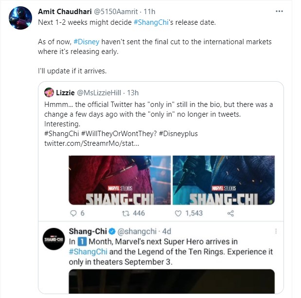 Shang-Chi delayed tweets