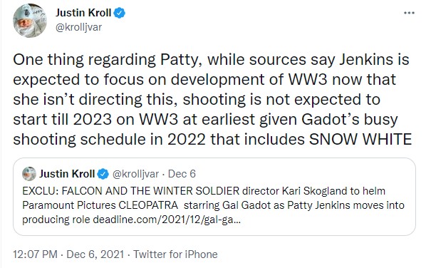 Wonder Woman 3 Patty Jenkins Gal Gadot tweet