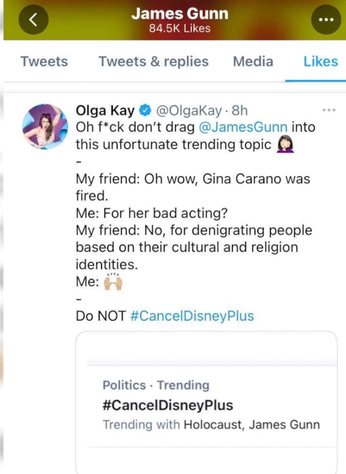 James Gunn likes Gina Carano tweet