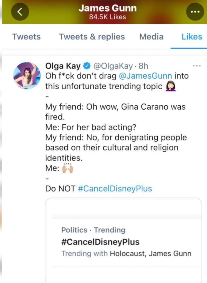 James Gunn Twitter Back In The Hot Seat Over Gina Carano Tweets