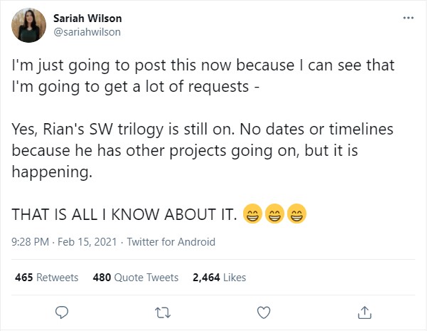 Rian Johnson Star Wars trilogy tweet