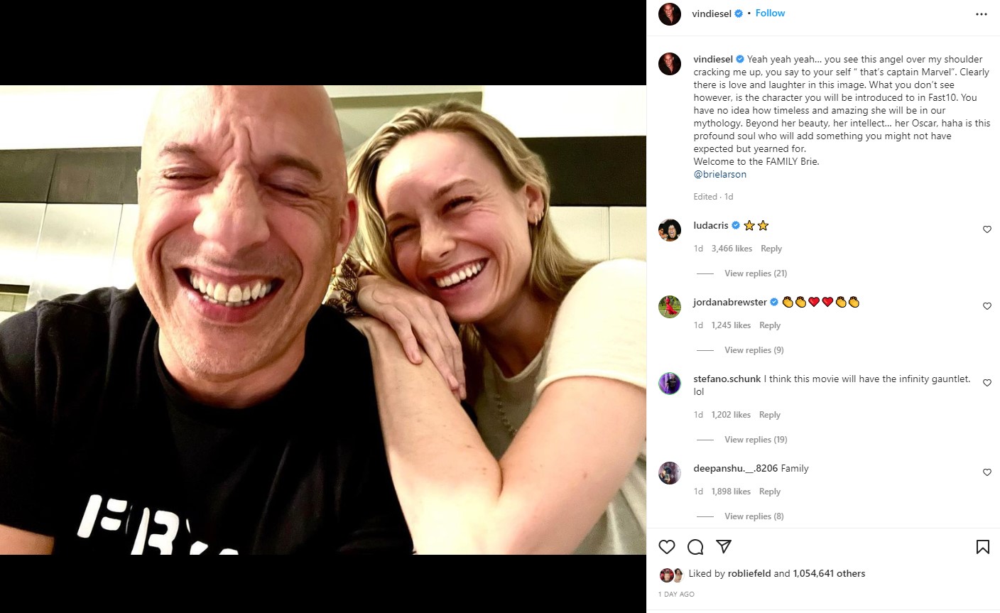 Vin Diesel and Brie Larson Fast and Furious 10