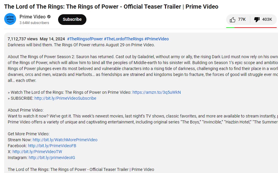 lord rings power season 2 youtube dislikes