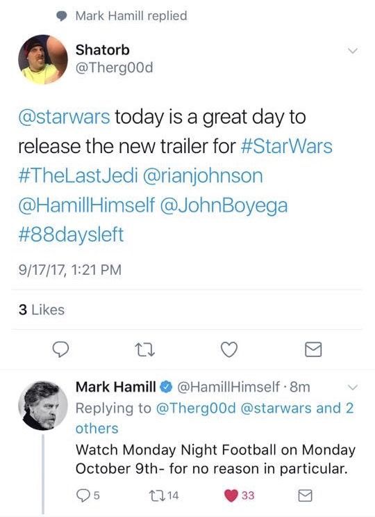 star wars last jedi trailer football Star Wars: The Last Jedi Trailer Coming Says Mark Hamill