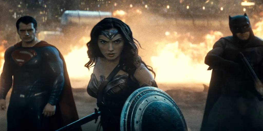 Henry Cavill as Superman, Gal Gadot as Wonder Woman, Ben Affleck as Batman