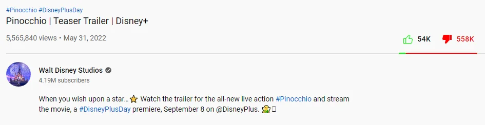 Pinocchio trailer on YouTube