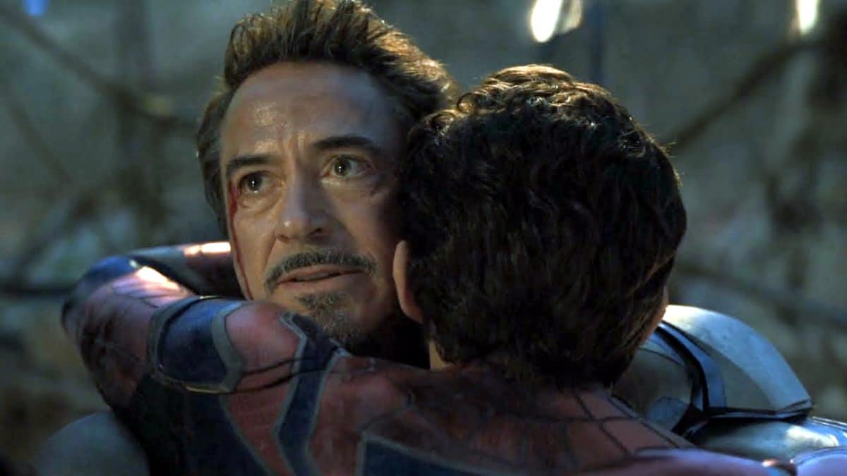 Spider-Man and Tony Stark hug