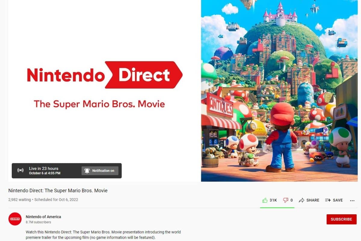 Nintendo YouTube Channel screenshot for 'Super Mario Bros. Movie' teaser trailer release
