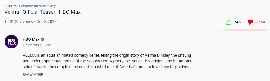 Velma trailer dislikes HBO Max YouTube