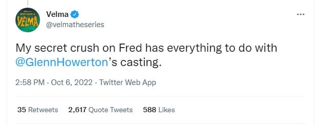 Velma tweet about having a crush on Fred