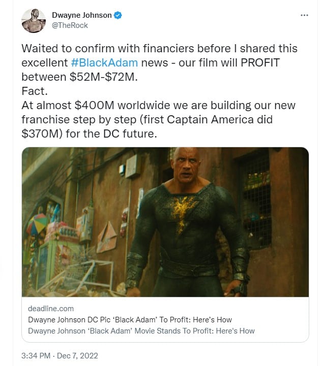 Dwayne Johnson Black Adam profit tweet