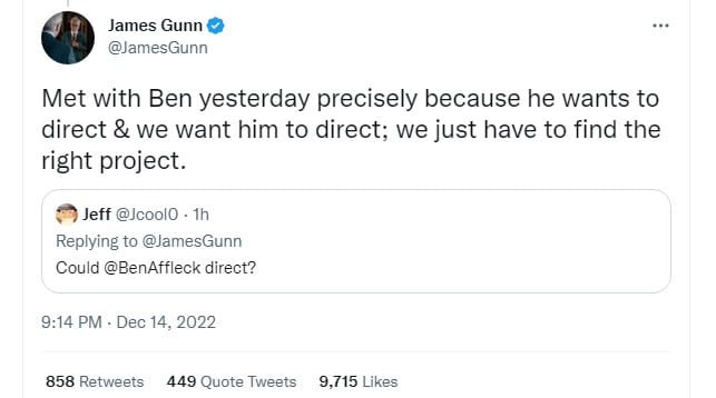 James Gunn Ben Affleck direct DC movie tweet