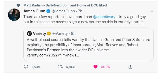 James Gunn Matt Reeves Robert Pattinson Batman tweet