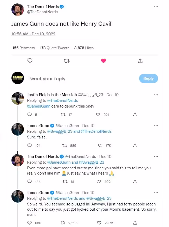 James Gunn Superman Henry Cavill rumors Twitter