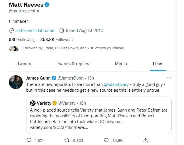 Matt Reeves likes James Gunn Batman tweet