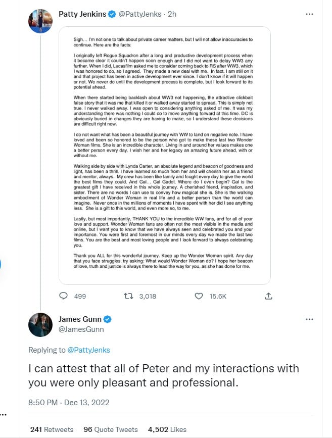 patty jenkins wonder woman james gunn twitter tweets