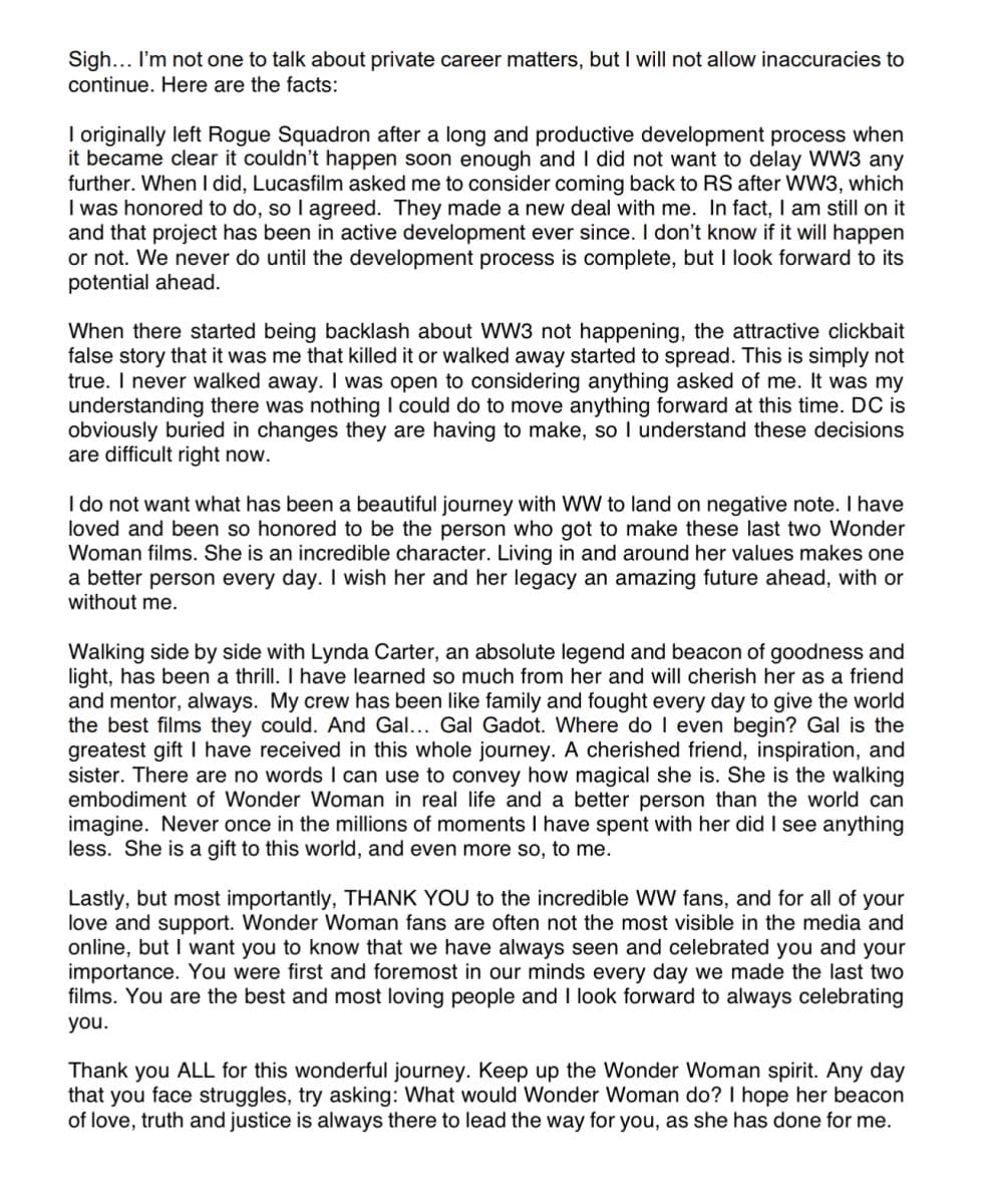 Patty Jenkins responds to Wonder Woman claims on Twitter