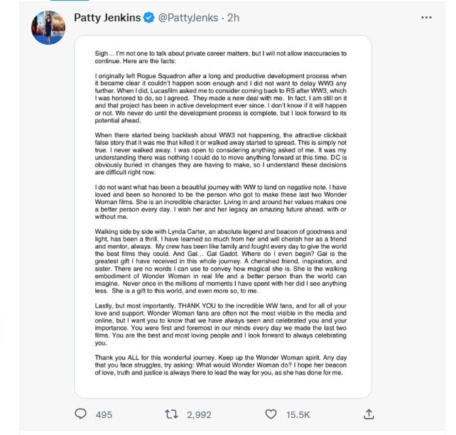 Patty Jenkins Star Wars and Wonder Woman 3 tweet 