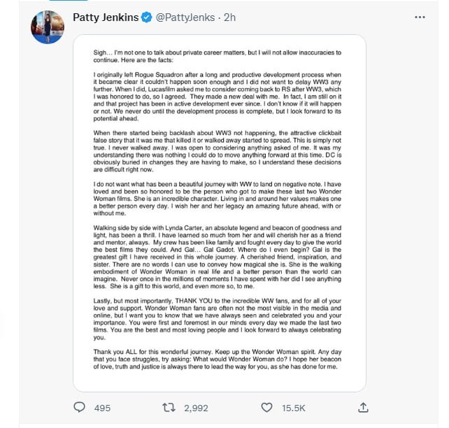 Patty Jenkins Star Wars and Wonder Woman 3 tweet