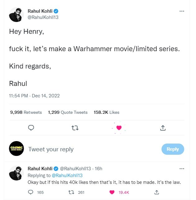 Rahul Kohli Henry Cavill Warhammer tweet