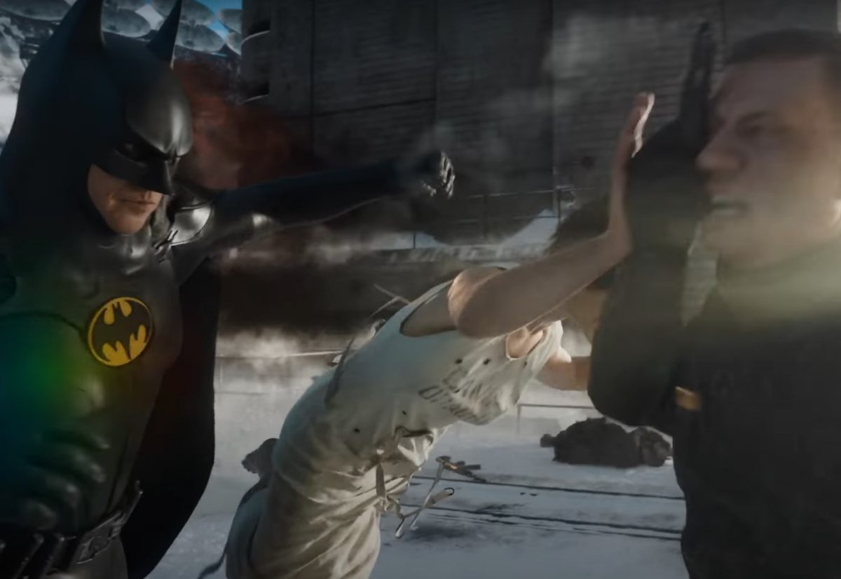Sasha Calle Supergirl with Michael Keaton Batman in The Flash