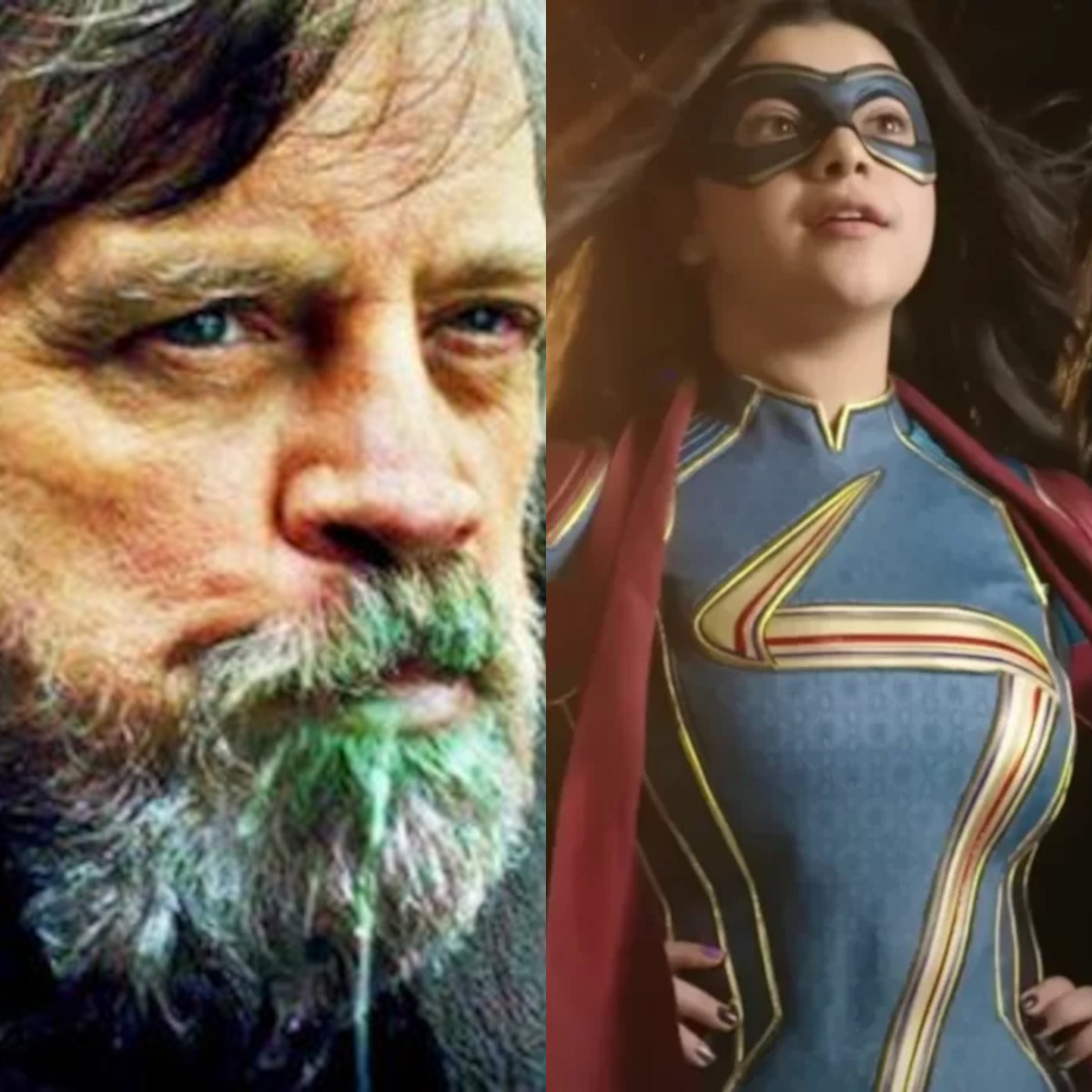 Luke Skywalker in Star Wars: The Last Jedi and Iman Vellani as Ms. Marvel