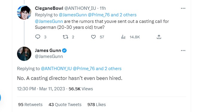 James Gun Grace Randolph Superman rumors tweet on Twitter