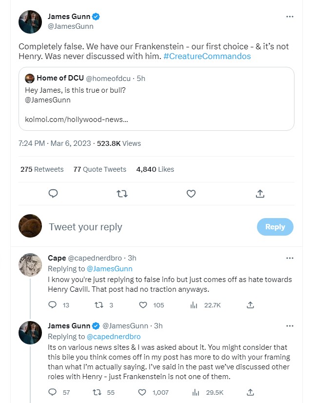 James Gunn Henry Cavill Frankenstein tweet