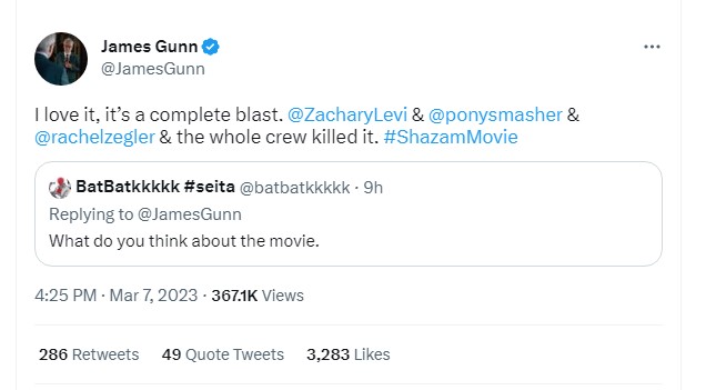 James Gunn Shazam Fury of the Gods reaction 