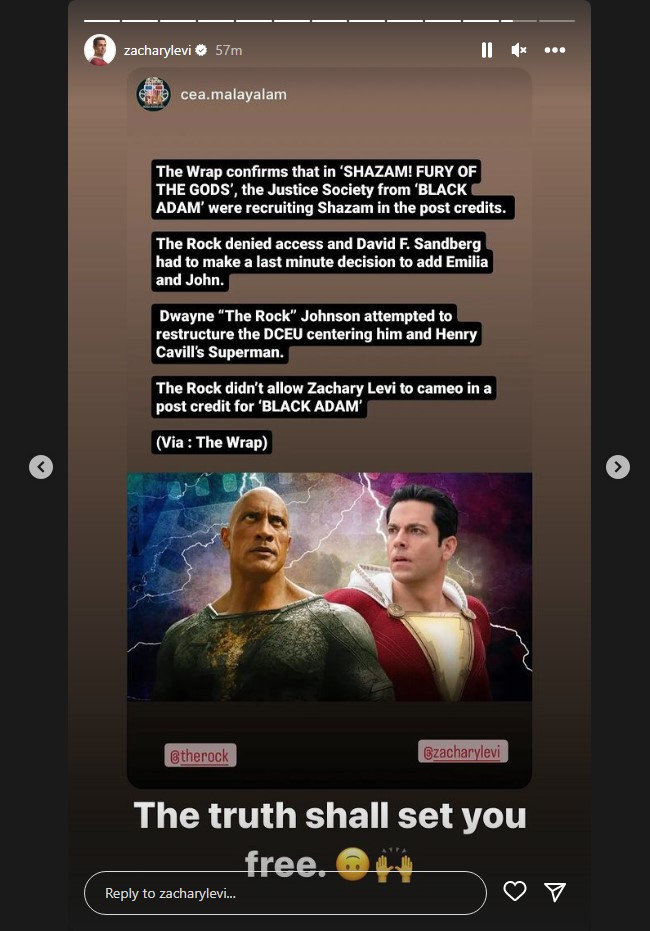 Zachary Levi Instagram Story Dwayne Johnson Shazam Black Adam post-credit scenes