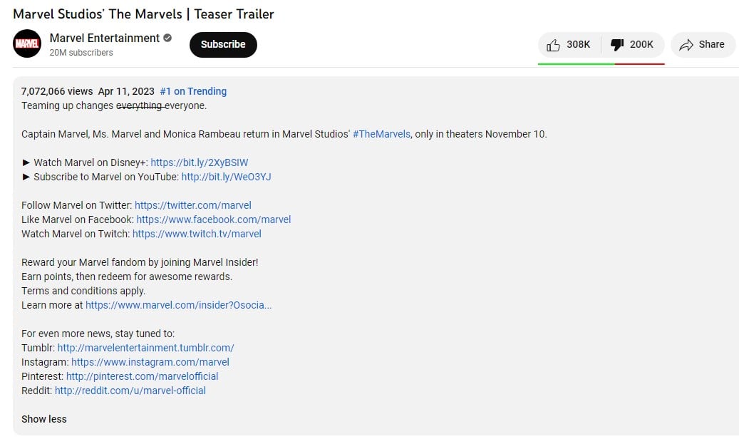 the marvels trailer dislikes youtube