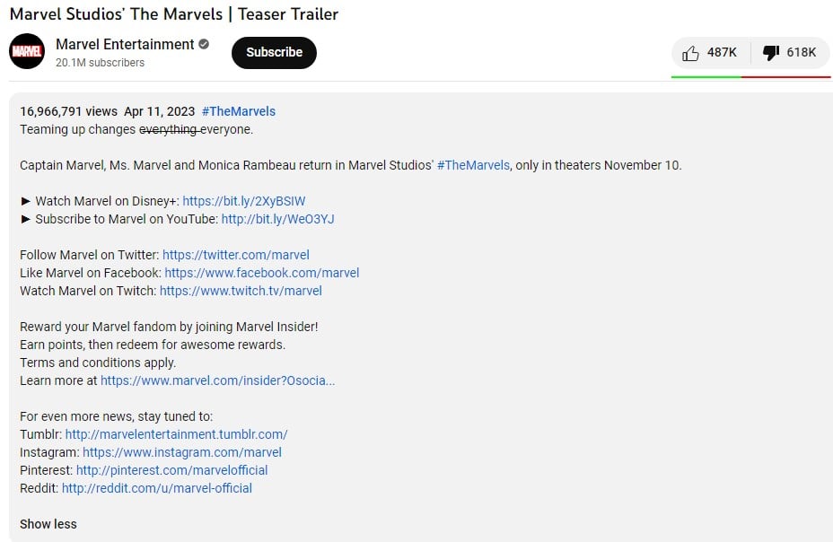 The Marvels Trailer: Most Disliked MCU Movie Trailer On