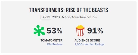 transformers rise of the beasts rotten tomatoes