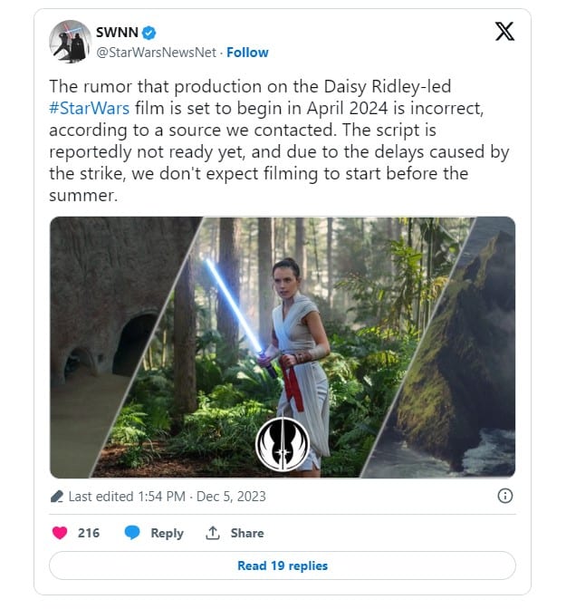 daisy ridley star wars delay