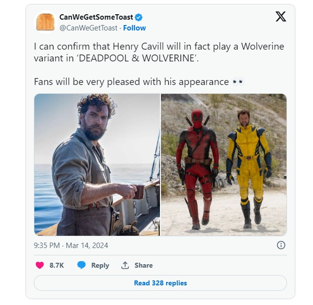henry cavill wolverine toast tweet