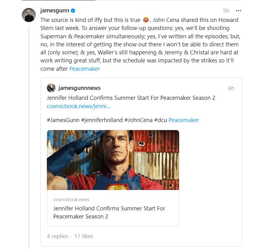 james gunn confirms peacemaker season 2 summer filming
