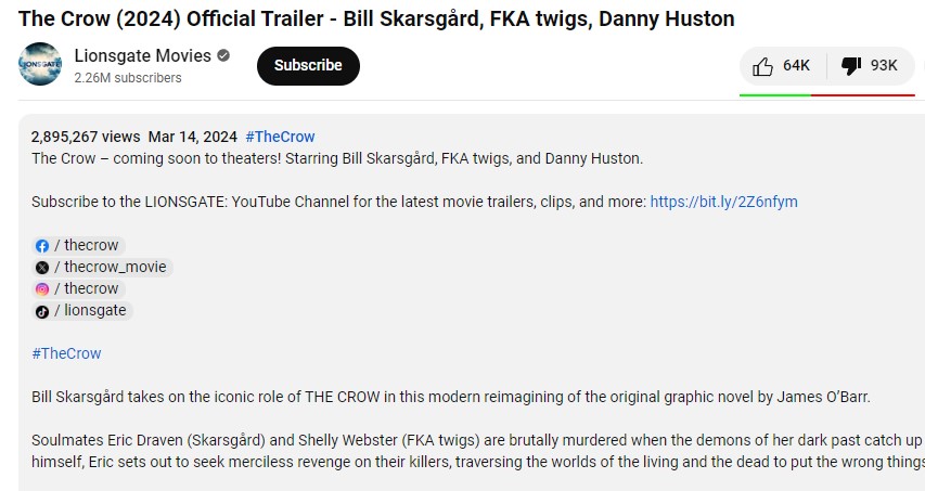 the crow trailer youtube dislikes 93k the crow trailer youtube dislikes 93k