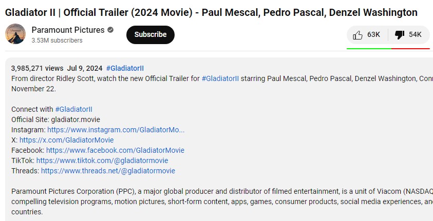 gladiator 2 trailer dislikes