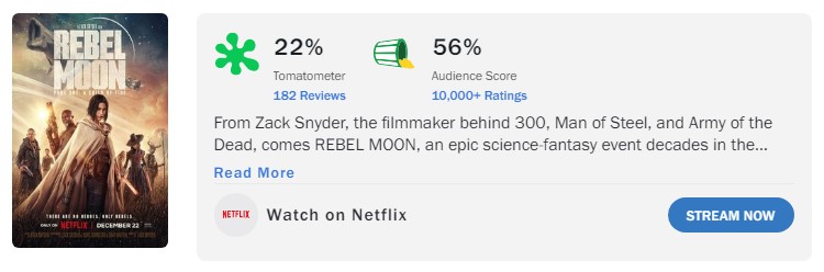 zack snyder rotten tomatoes score rebel moon 1