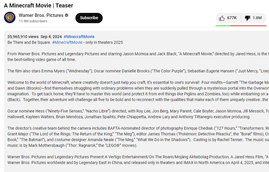 minecraft movie trailer youtube dislikes minecraft movie trailer youtube dislikes