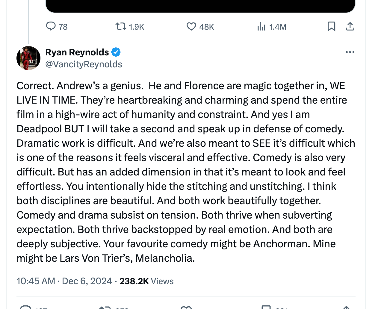 ryan reynolds tweet comedy