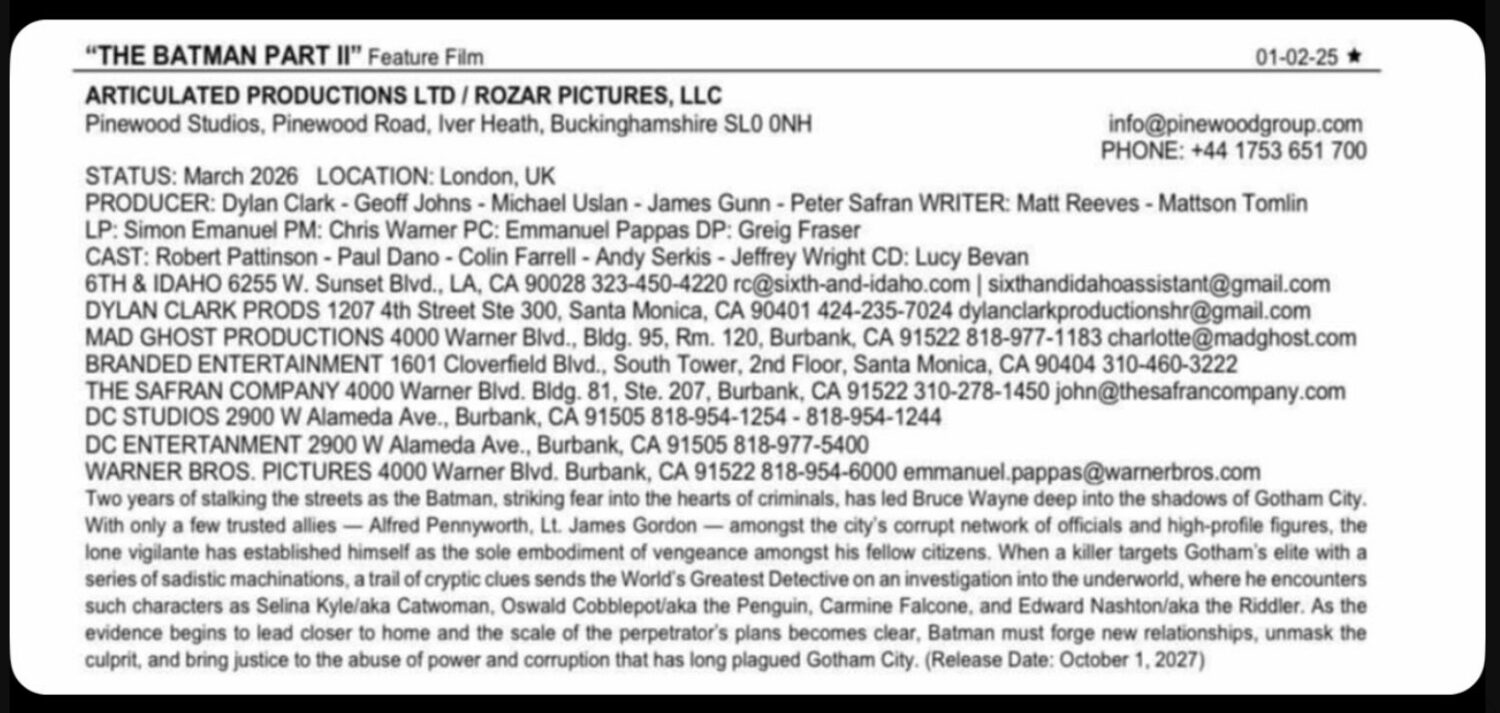 production weekly batman 2 2025