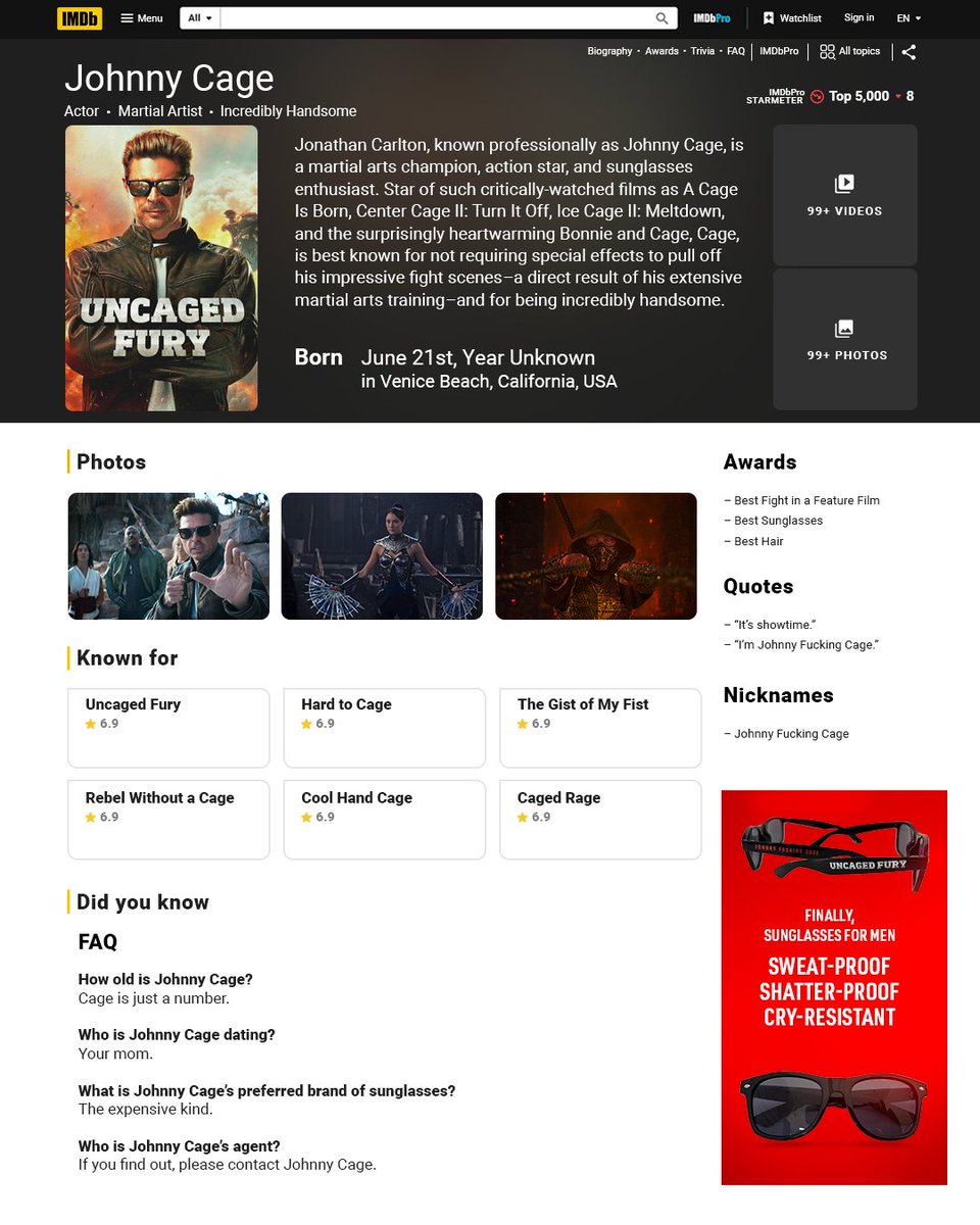johnny cage fake imdb page johnny cage fake imdb page