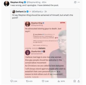 Stephen King Deletes Charlie Kirk Tweets, Issues Apology Ahead of 'The
