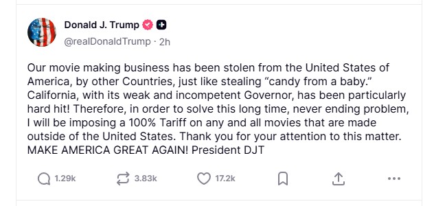 trump movie tariffs screenshot truth social